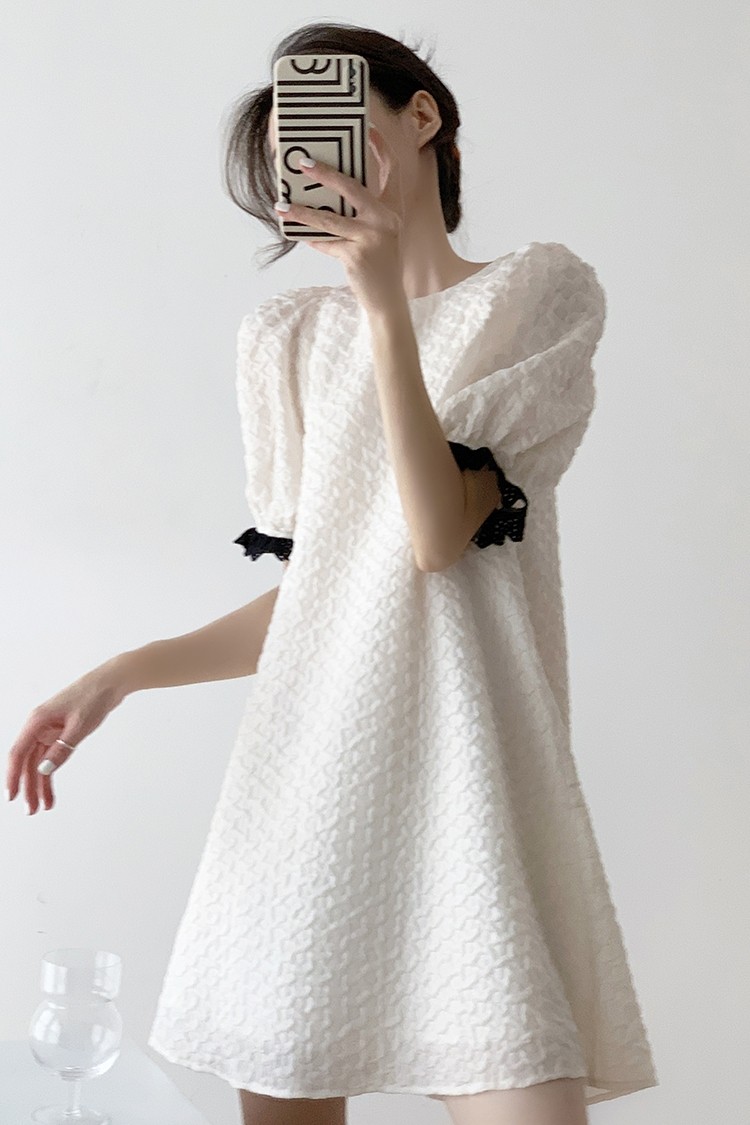オケージョン ドレス パフスリーブジャガード織り膝丈上品ワンピース
