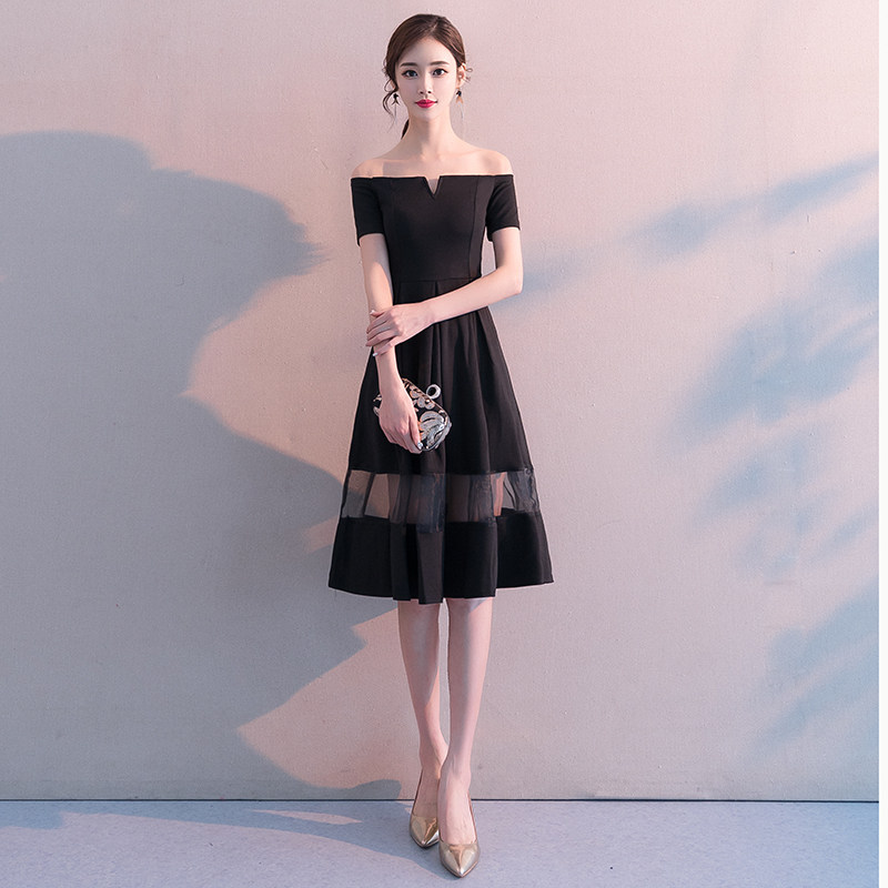 オケージョン ドレス 透け感チュール切替オフショルダー膝丈ドレス