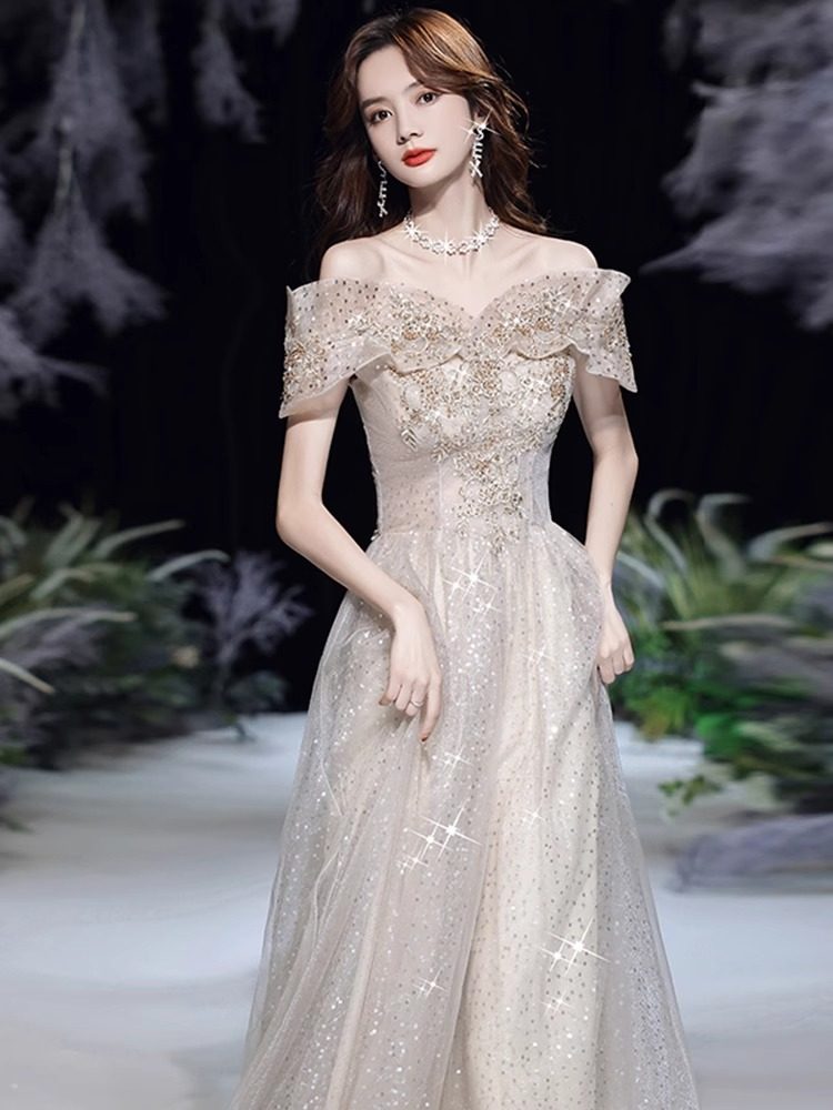 オケージョン ドレス 煌めくビジュー刺繍オフショル袖チュールロングドレス