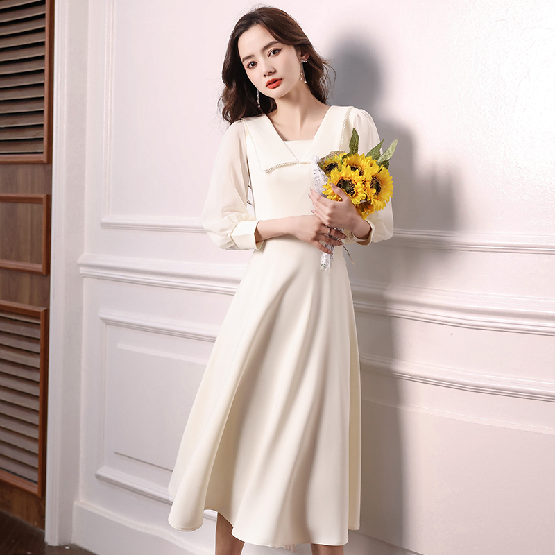 オケージョン ドレス 透け感袖パフスリーブスクエアネックミモレ丈ワンピース