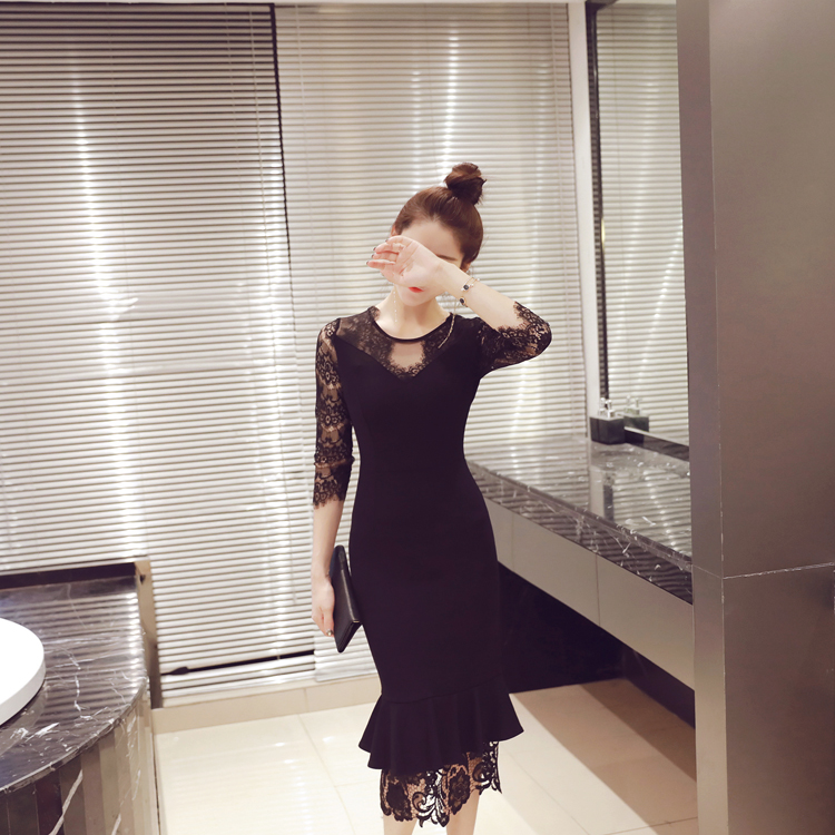 オケージョン ドレス 総レース袖エレガント裾広がりマーメイドドレス