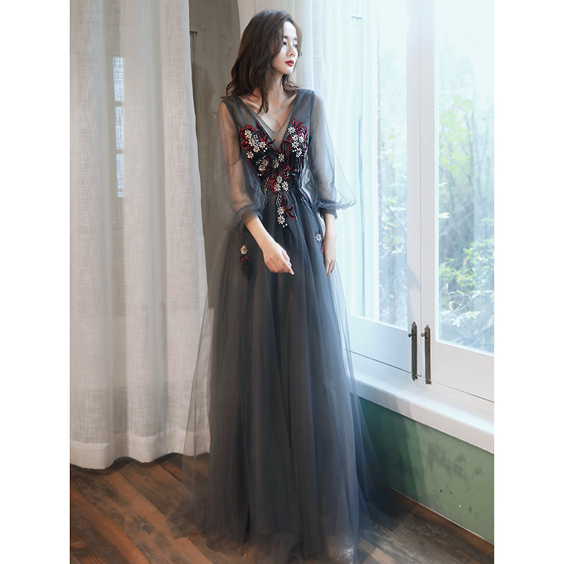 オケージョン ドレス 花刺繍シアースリーブチュールロングドレス