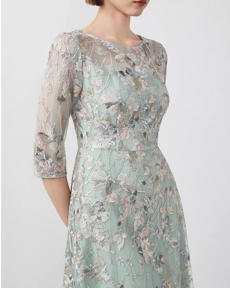 オケージョン ドレス 花刺繍チュール七分袖上品ミモレ丈ワンピース