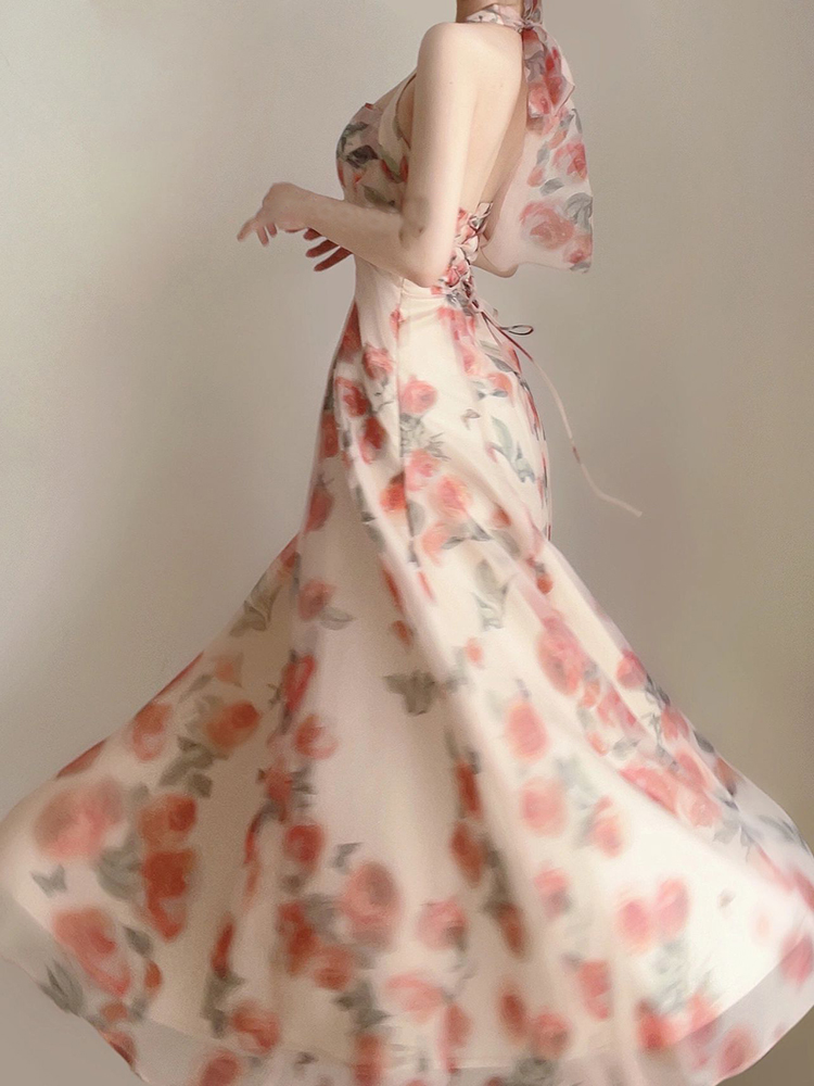 オケージョン ドレス 花柄オーガンジーホルターネックロング丈ワンピース