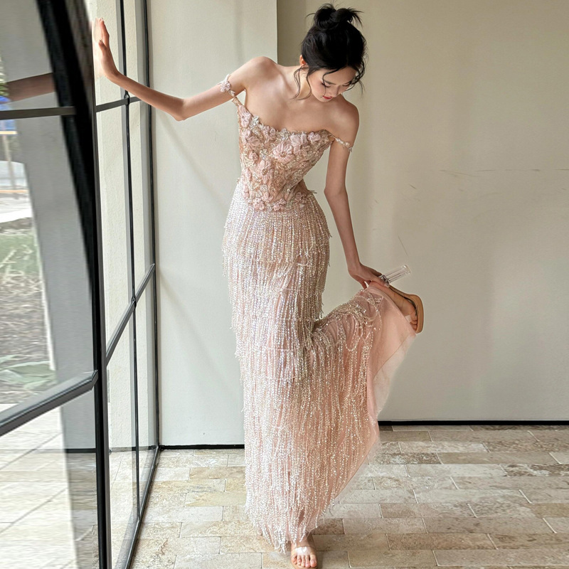オケージョン ドレス 立体花刺繍ビーズフリンジオフショルダーロングドレス
