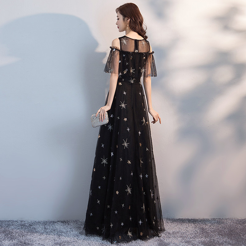オケージョン ドレス 星刺繍チュール袖付きロング丈ワンピース