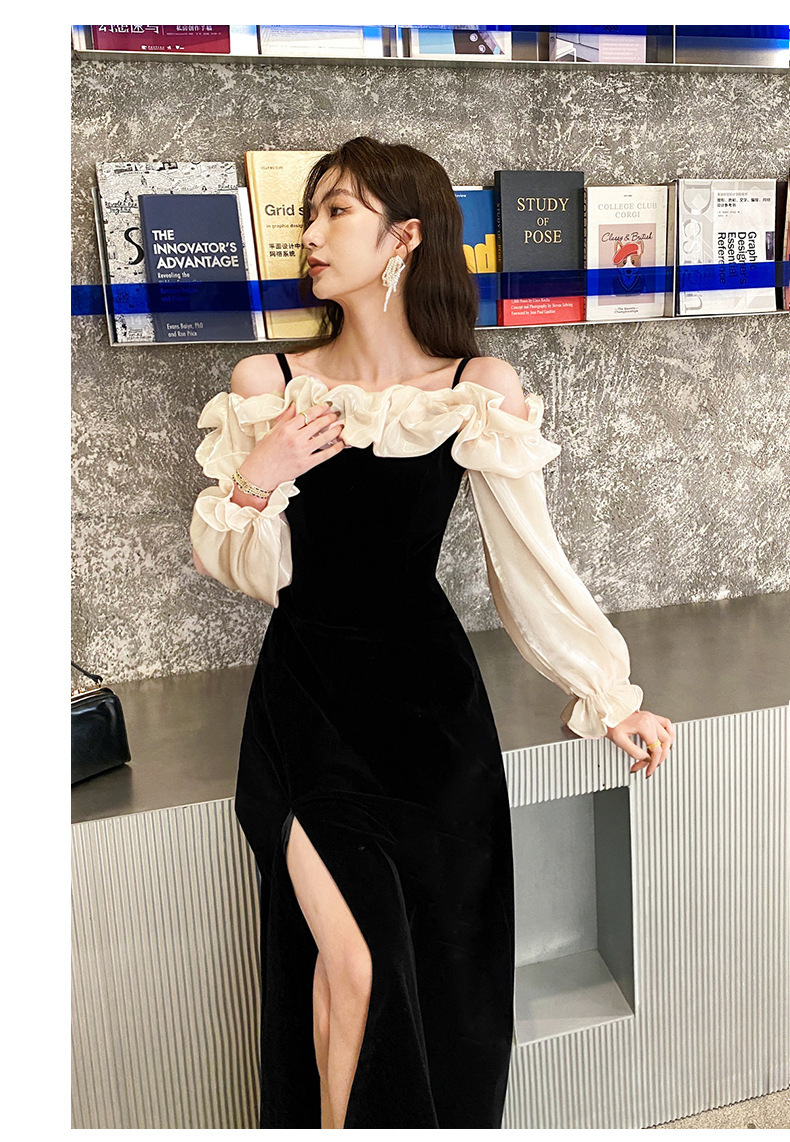 オケージョン ドレス ベロア素材フリル袖オフショルダーロング丈ワンピース