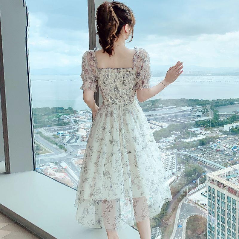 オケージョン ドレス 花柄シフォン パーティーワンピース 結婚式 フレア 半袖