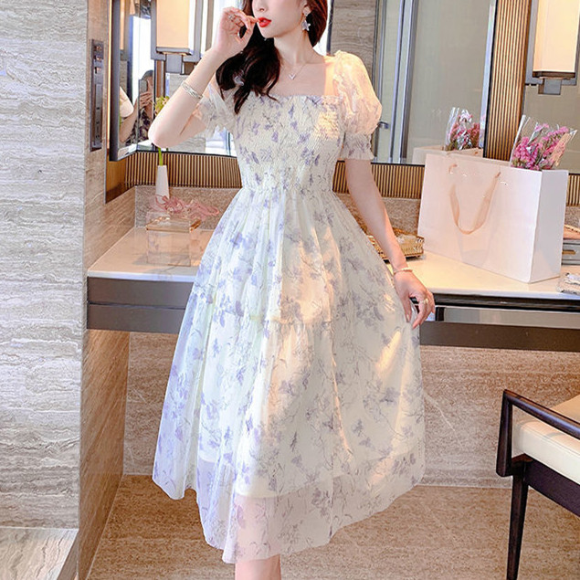 オケージョン ドレス 花柄シフォン パーティーワンピース 結婚式 フレア 半袖