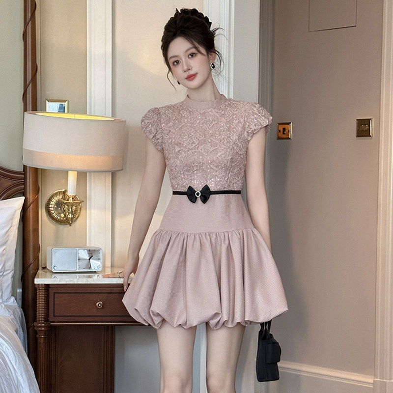 オケージョン ドレス フラワーレース切替バルーンスカートワンピース