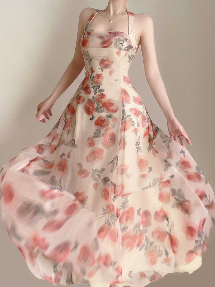 オケージョン ドレス 花柄オーガンジーホルターネックロング丈ワンピース