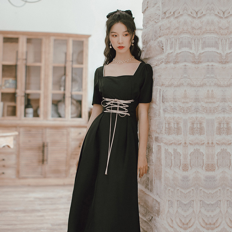 オケージョン ドレス スクエアネック編み上げベルト付きロングワンピース