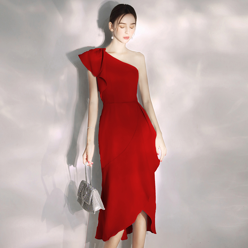 オケージョン ドレス ワンショルダーフリル袖ミディ丈オケージョンドレス