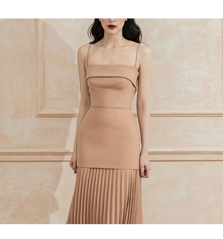 オケージョン ドレス 細肩紐プリーツ切替ミディ丈キャミワンピース