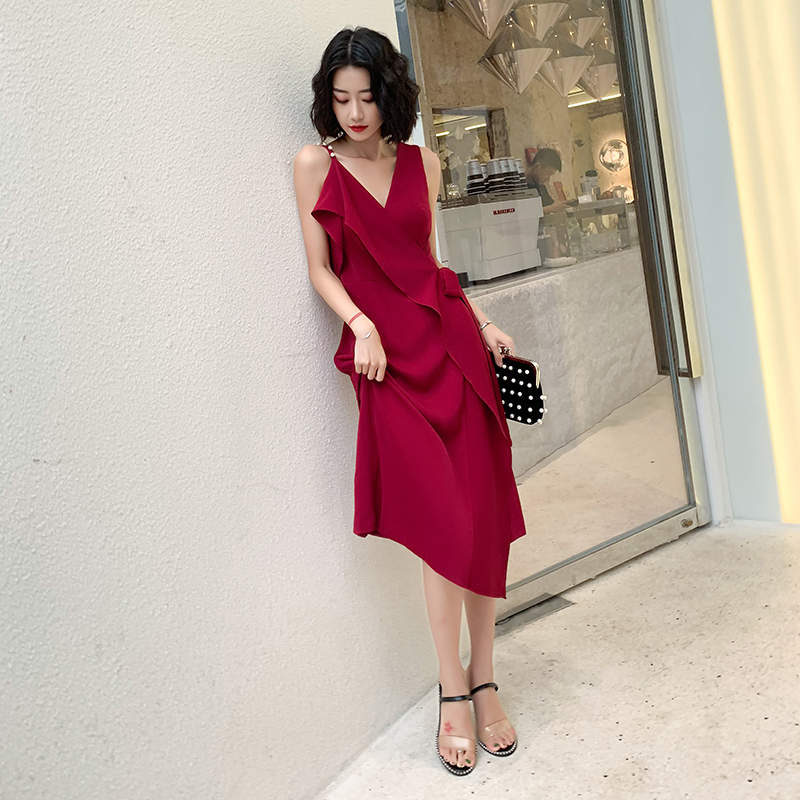 オケージョン ドレス パール付き非対称フリル深Vネックワンピース