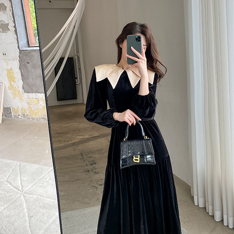 オケージョン ドレス 配色ビッグカラー付きベロアティアードロングドレス