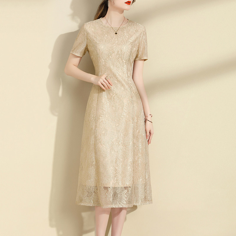 オケージョン ドレス 総レース半袖ミディ丈上品ワンピース
