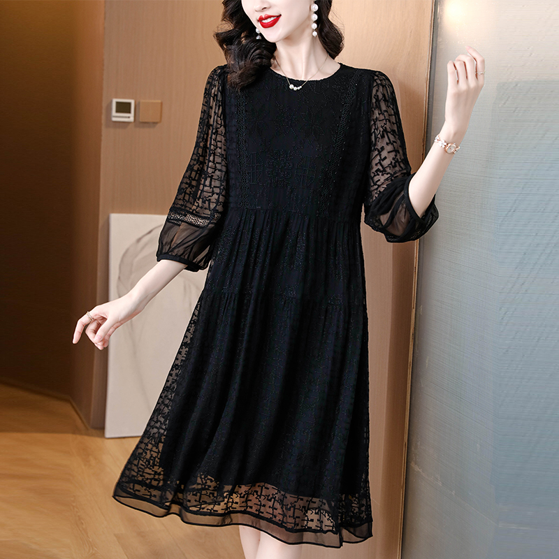 オケージョン ドレス シアーレース袖切替エレガントミディ丈ワンピース