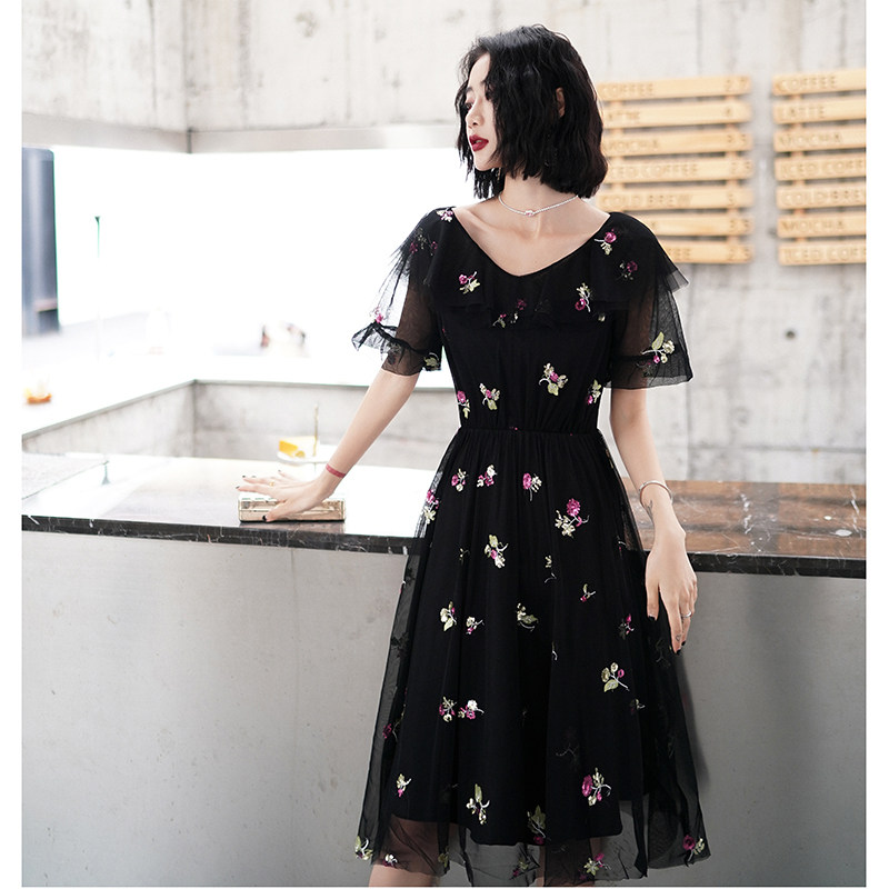 オケージョン ドレス 花柄刺繍チュール袖フレア丈オケージョンドレス