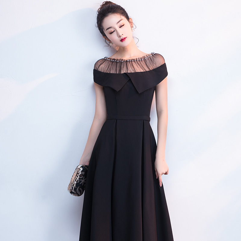 オケージョン ドレス チュールネック大人リボン襟フレアワンピース