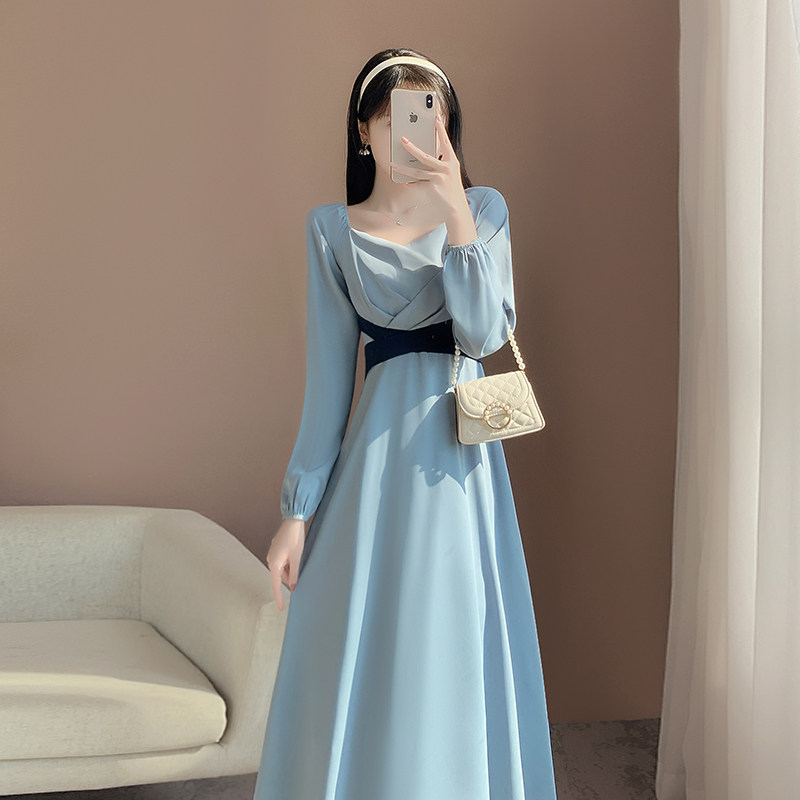 オケージョン ドレス 配色ベルト付きスクエアネック長袖ワンピース