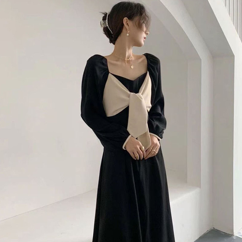 オケージョン ドレス 配色リボンタイ付きパフスリーブワンピース