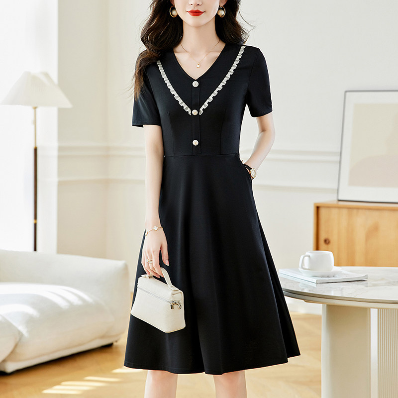 オケージョン ドレス パール風装飾付き半袖膝丈フレアワンピース