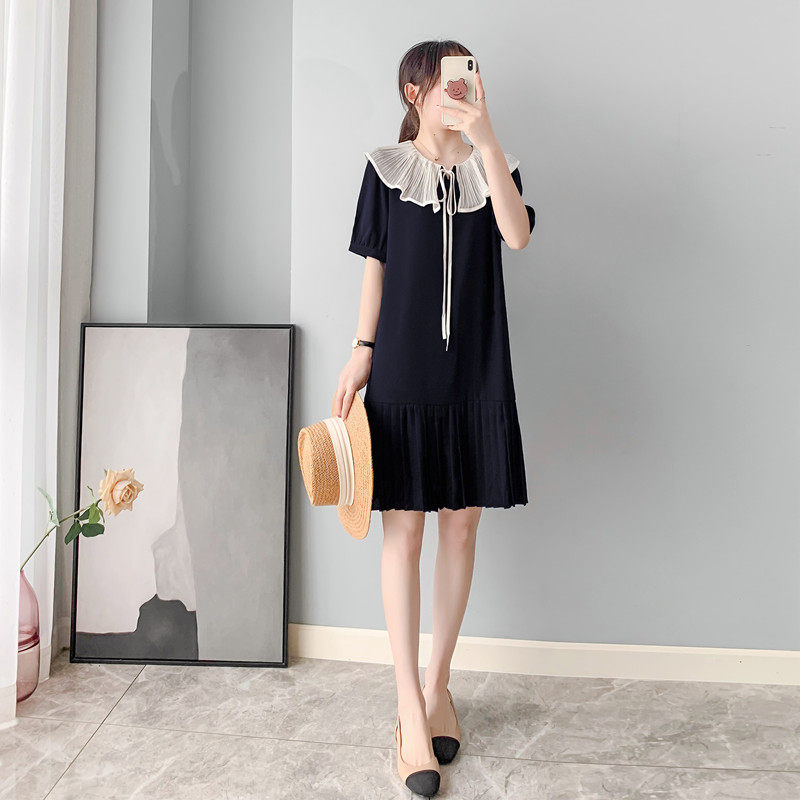 オケージョン ドレス プリーツ襟付きリボン結び半袖ワンピース