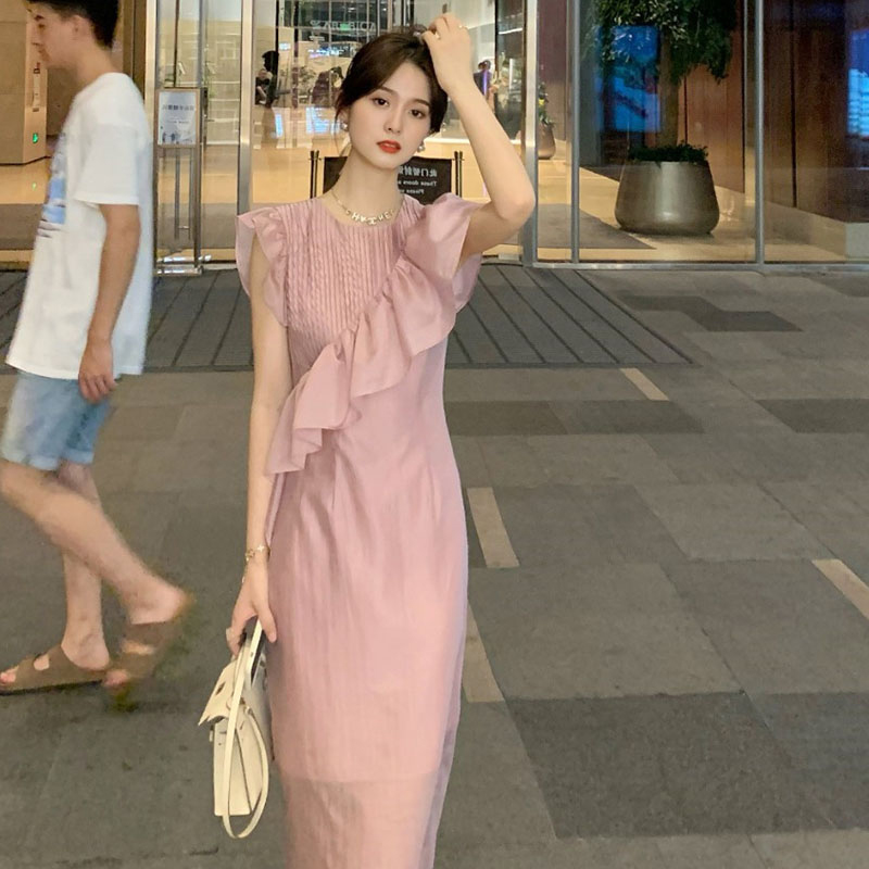 オケージョン ドレス ピンタック切替フリル袖フレアオケージョンワンピース