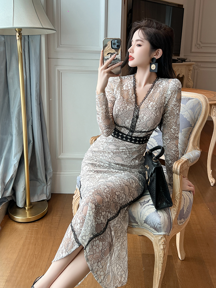 オケージョン　ドレス オケージョン　ドレス 優美レース 深みVネック ロングワンピース