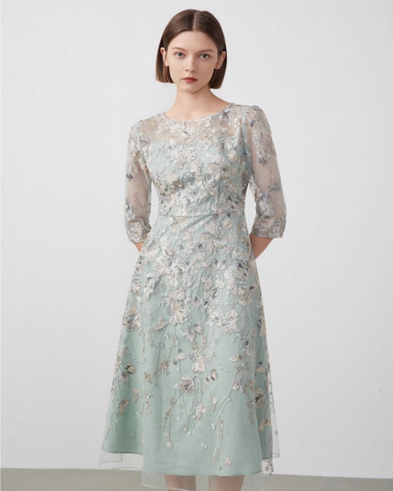 オケージョン ドレス 花刺繍チュール七分袖上品ミモレ丈ワンピース