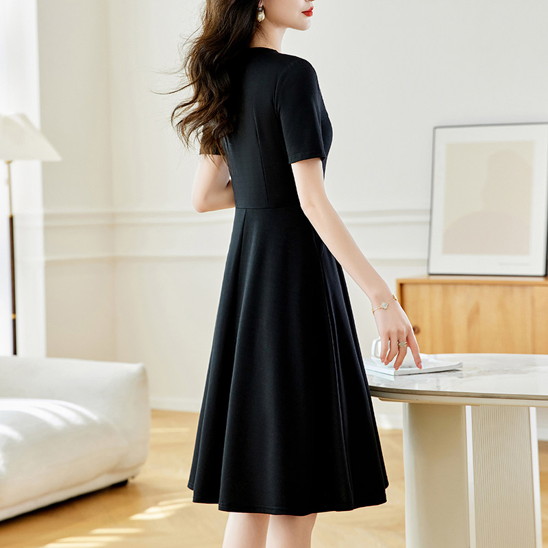 オケージョン ドレス パール風装飾付き半袖膝丈フレアワンピース