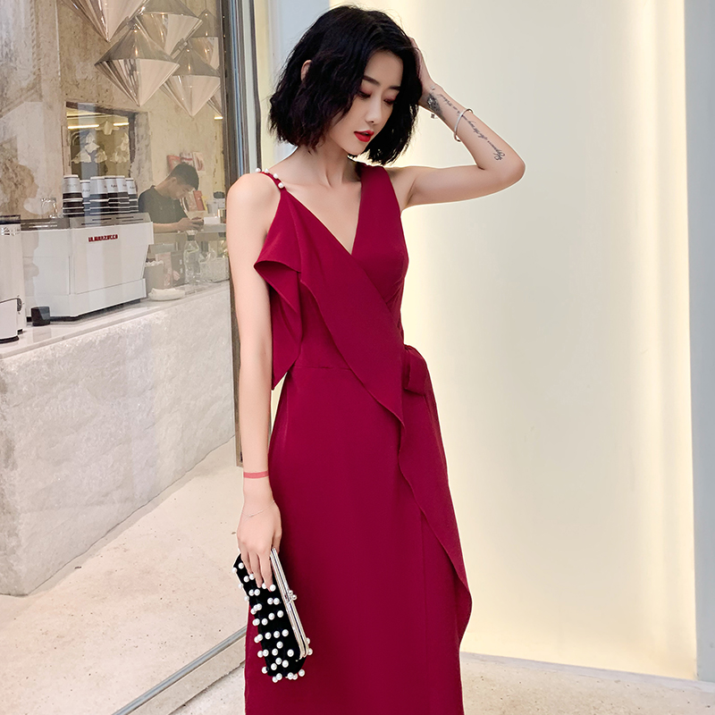 オケージョン ドレス パール付き非対称フリル深Vネックワンピース