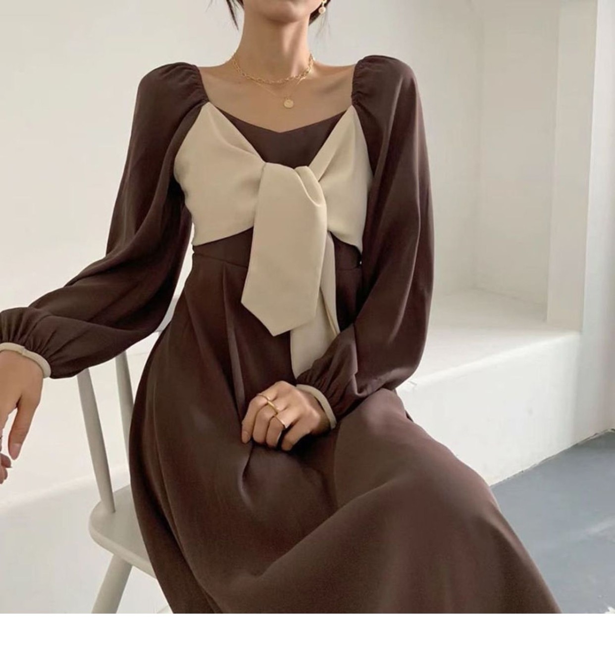 オケージョン ドレス 配色リボンタイ付きパフスリーブワンピース