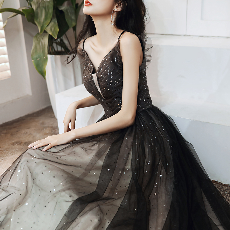 オケージョン ドレス 星空刺繍チュール深胸ロング丈オケージョンドレス