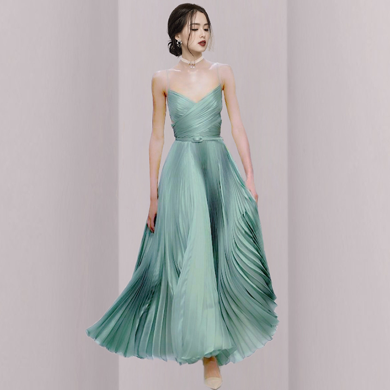 オケージョン ドレス シアーチュール付きプリーツロングワンピース