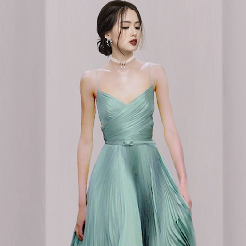 オケージョン ドレス シアーチュール付きプリーツロングワンピース