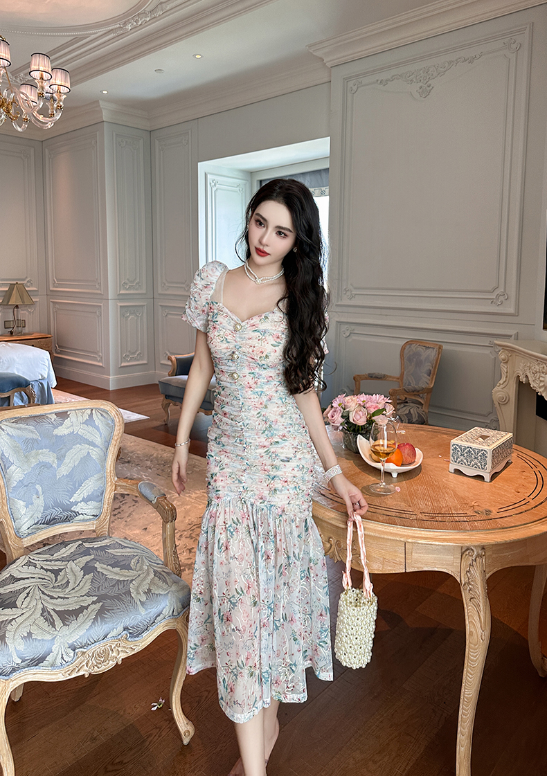 オケージョン ドレス 花柄シャーリングマーメイドドレス