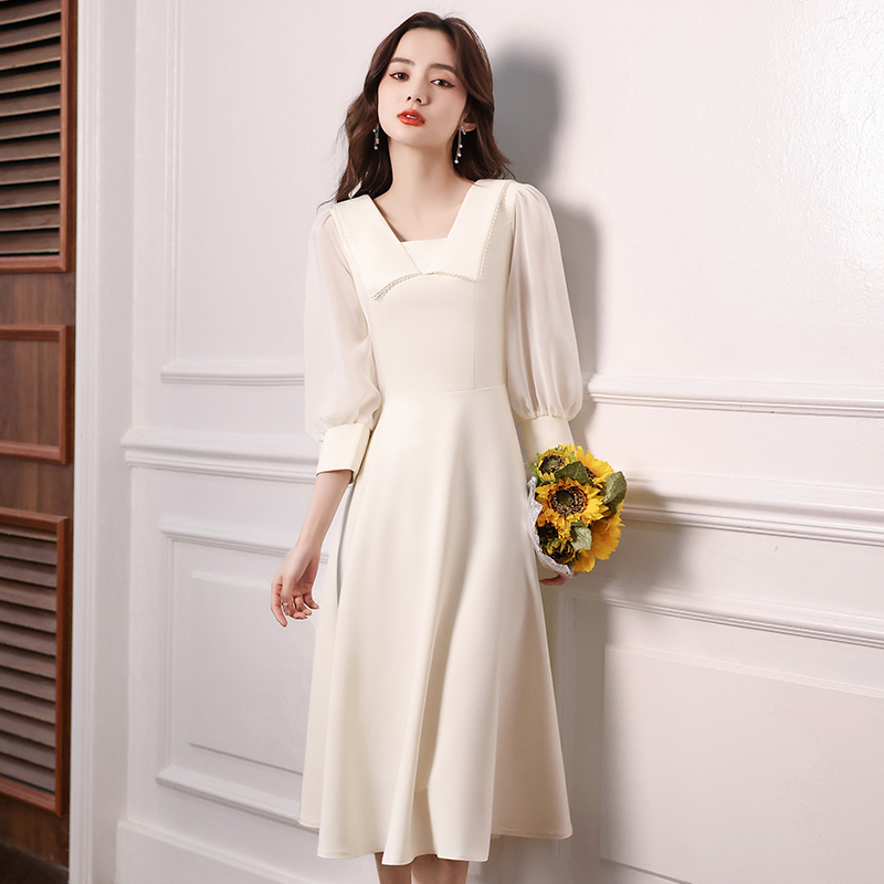 オケージョン ドレス 透け感袖パフスリーブスクエアネックミモレ丈ワンピース