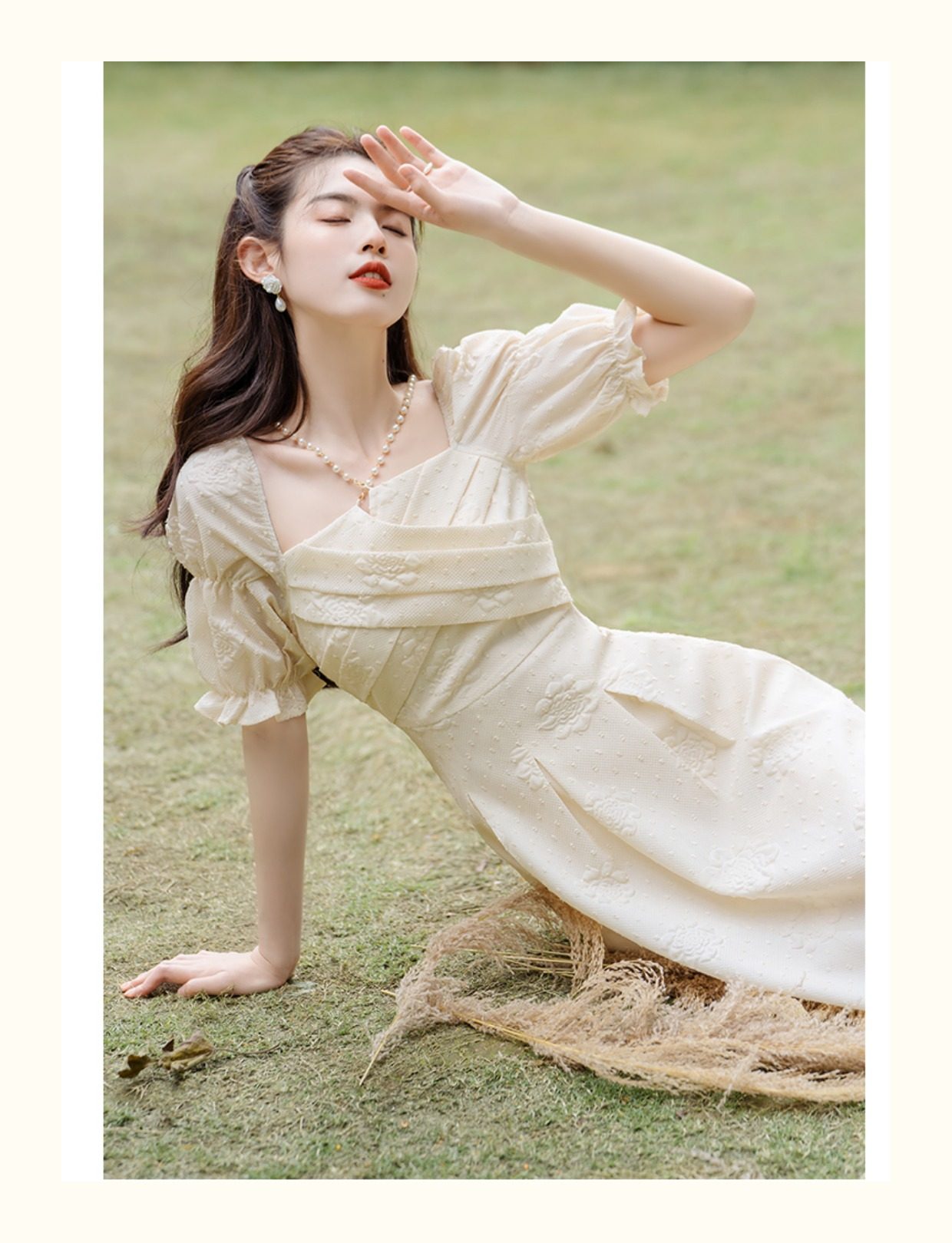 オケージョン ドレス オフショルダーパフスリーブ刺繍ジャガードワンピース