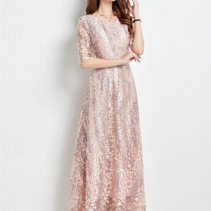 オケージョン ドレス 総スパンコール刺繍五分袖ロング丈ワンピース