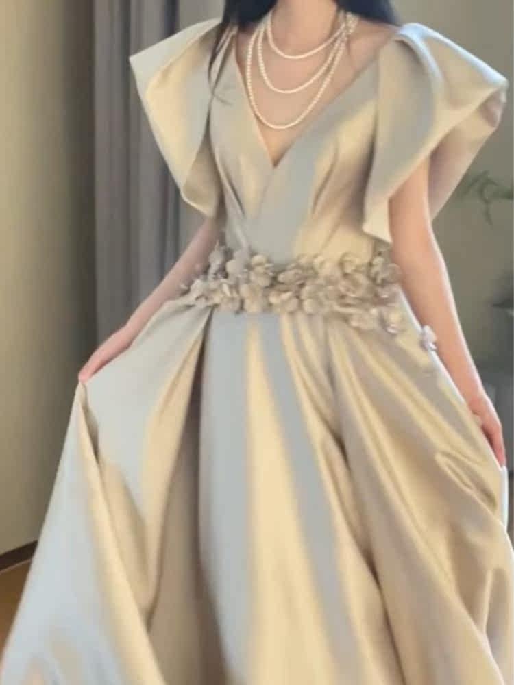 オケージョン ドレス 立体フラワーベルト付きフリル袖ブイネックロングドレス