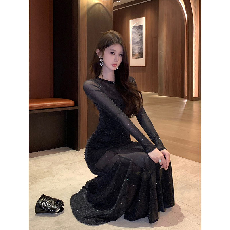 オケージョン ドレス 煌めきラメシアー長袖マーメイドタイトドレス