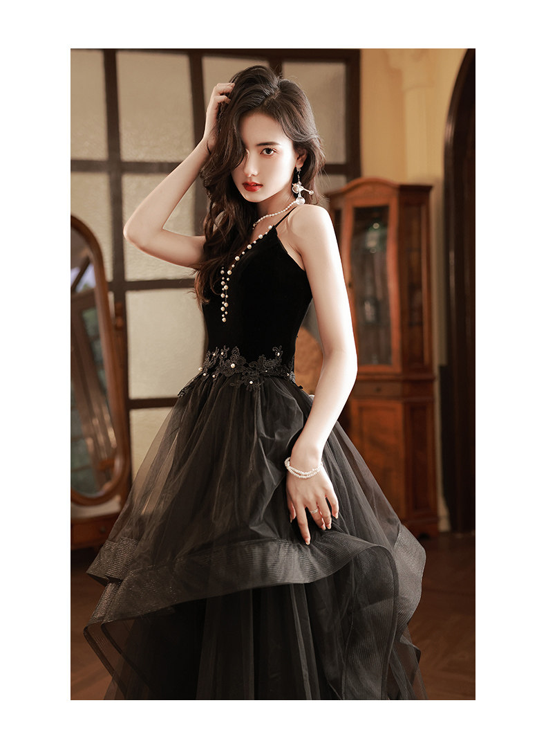 オケージョン ドレス パール装飾ベルベット切替ボリュームチュールロングドレス