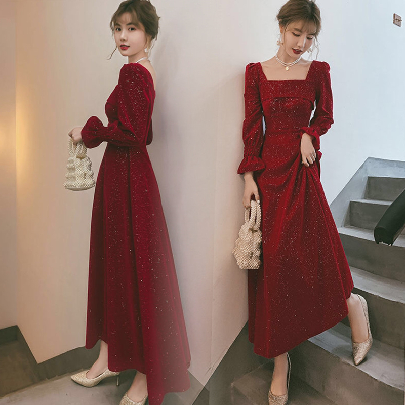 オケージョン ドレス スクエアネック袖フリルラメ入りロング丈ワンピース