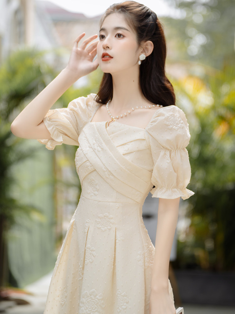 オケージョン ドレス オフショルダーパフスリーブ刺繍ジャガードワンピース