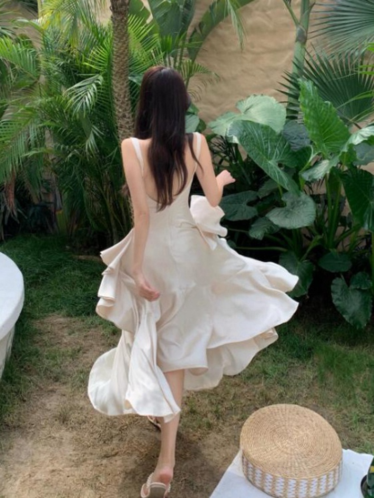 オケージョン ドレス アシンメトリーリボン付きスリット入りロングワンピース