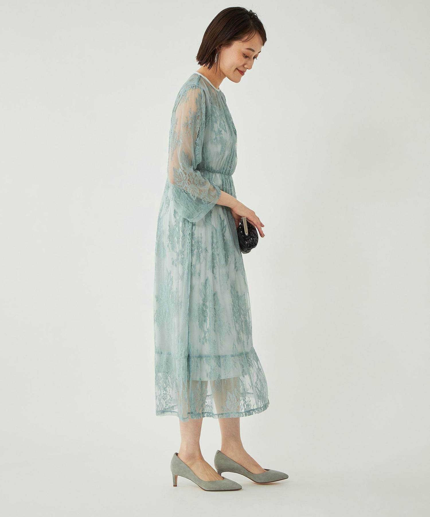 オケージョン ドレス 総レース長袖シアー切替ロング丈ワンピース