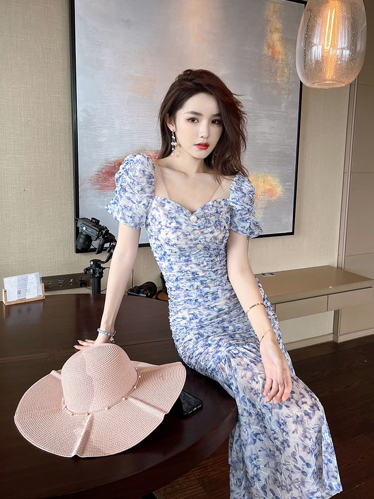 オケージョン ドレス 花柄シャーリングマーメイドドレス