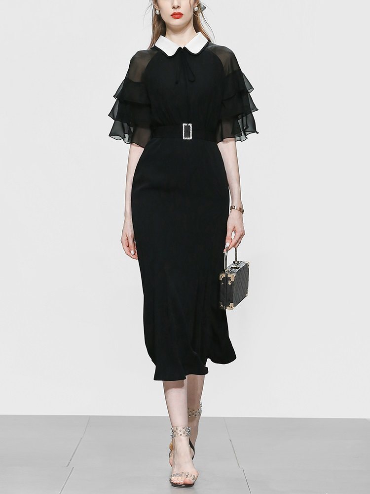 オケージョン ドレス 白襟ティアードスリーブベルト付きミモレ丈ワンピース